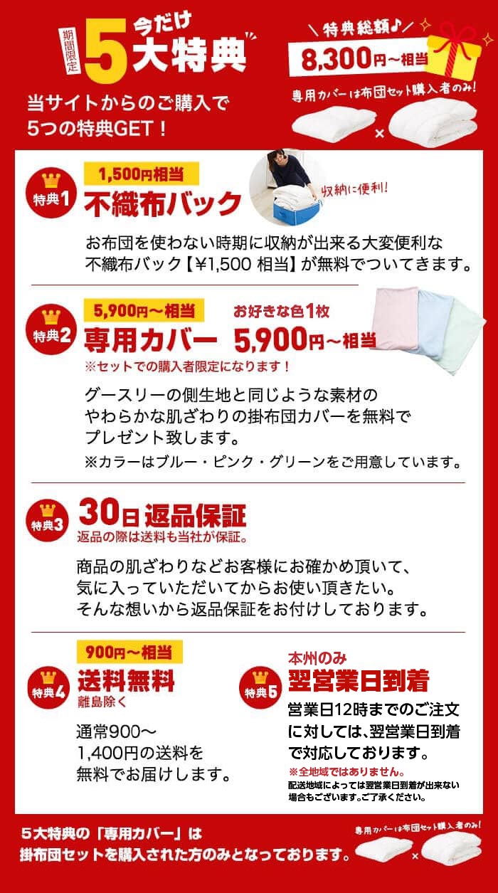 【期間限定5大特典】特典1:不織布バック、特典2:専用カバー5,900円〜相当、特典3:30日返品保証(返品の際は送料も当社が保証。)、特典4:送料無料(離島除く)、特典5:翌日到着(本州のみ)