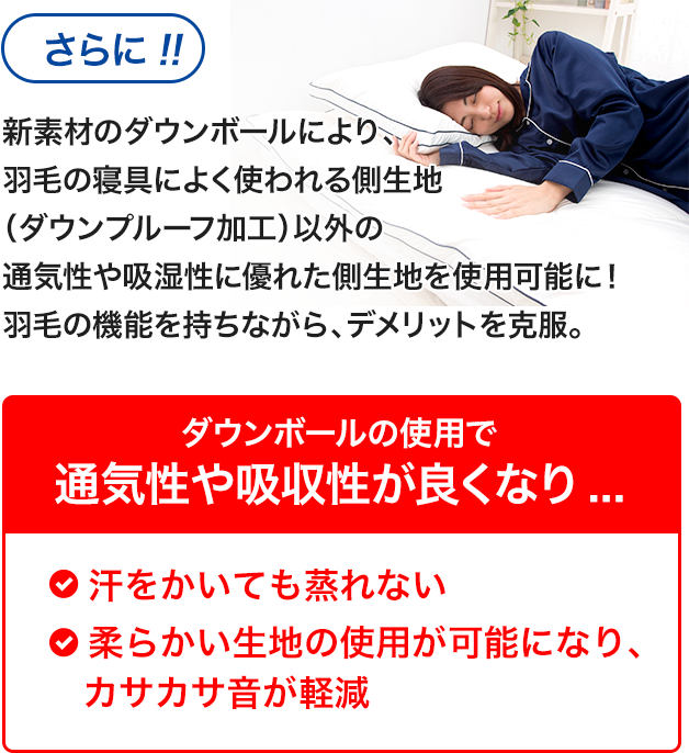ダウンボールの使用で通気性や吸湿性が良くなり...①汗をかいても蒸れない②柔らかい生地の使用が可能→カサカサ音が軽減
